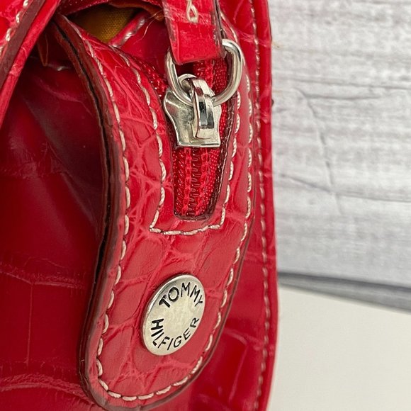 Y2K Tommy Hilfiger Shoulder Bag Red Croc Embossed Leather Pockets Preppy - Picture 4 of 16